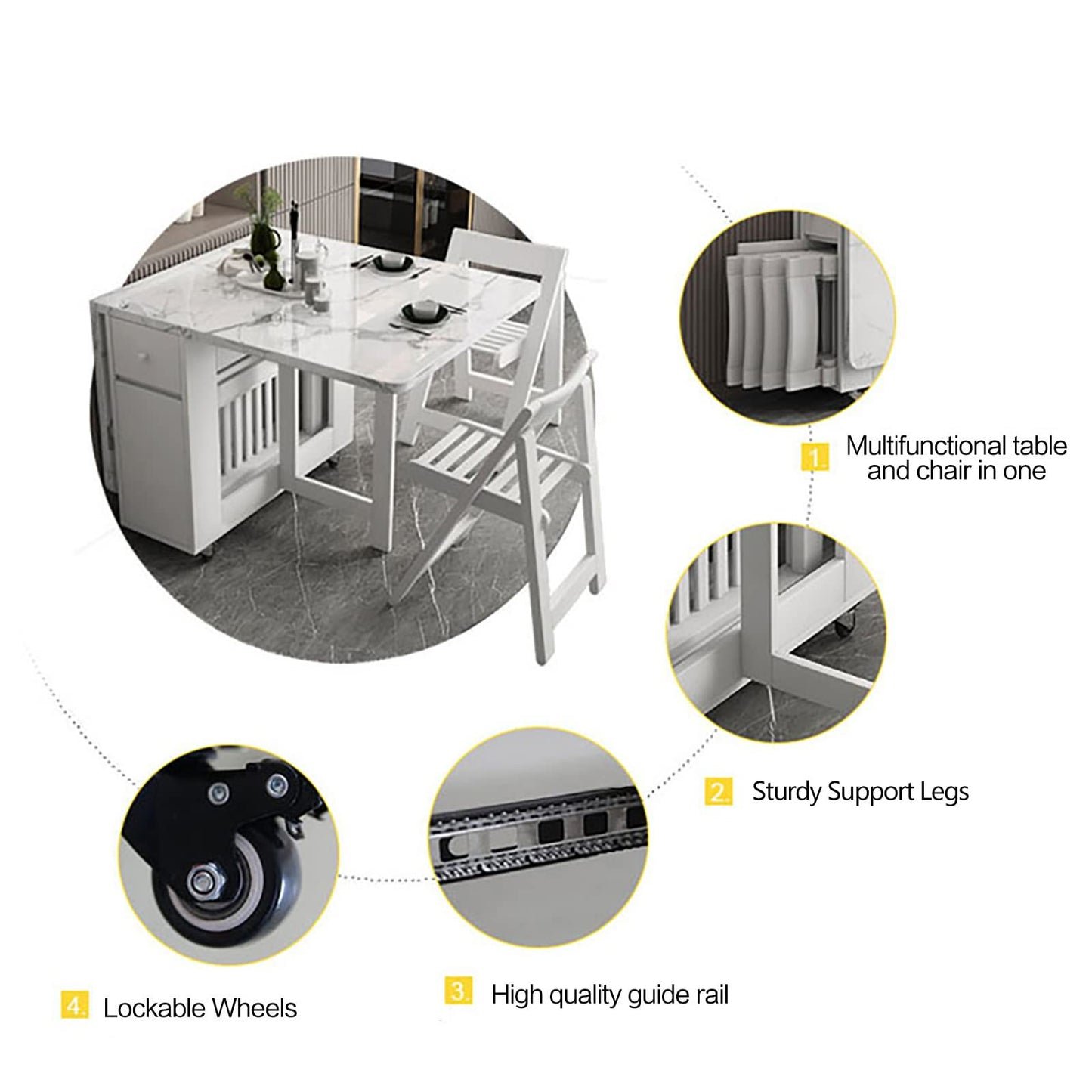 FUNROLUX Folding Dining Table with Storage Drawers & Rack - Extendable White Space-Saving Table