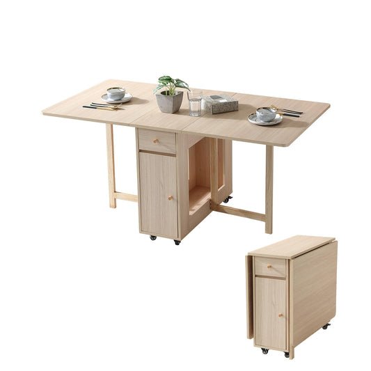 COMUHOME Extendable Folding Dining Table with Drawers & Wheels - Wood Finish Drop Leaf Design
