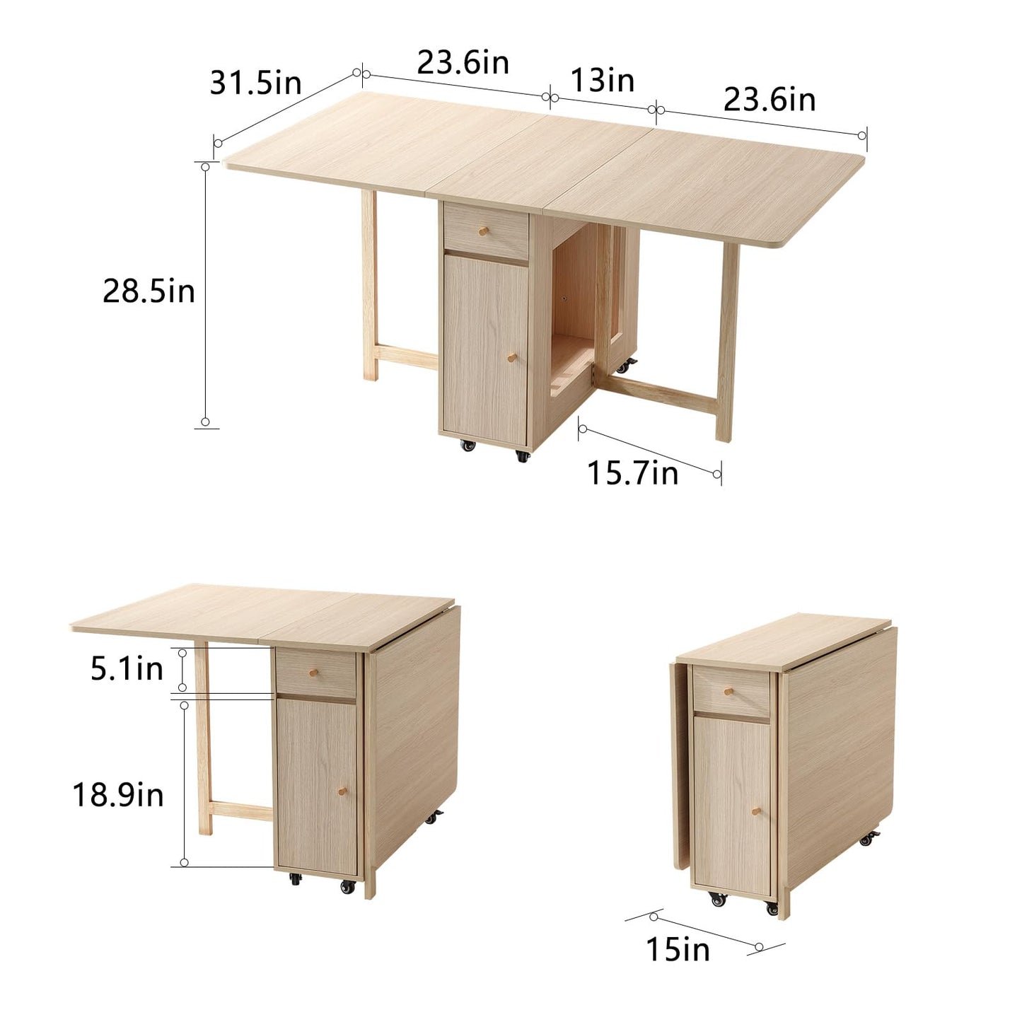 COMUHOME Extendable Folding Dining Table with Drawers & Wheels - Wood Finish Drop Leaf Design