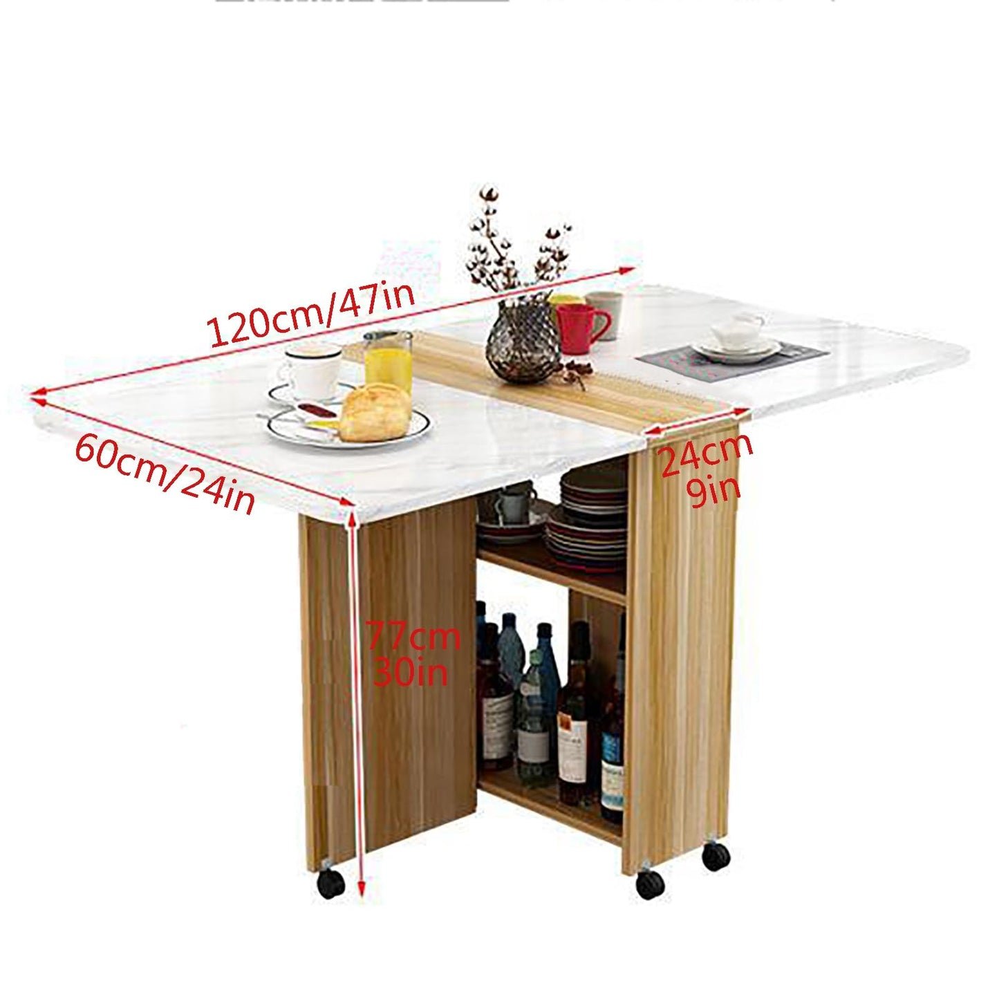 Folding Dining Table with Storage Shelves & Wheels - Space-Saving Extendable Table for Small Apartments