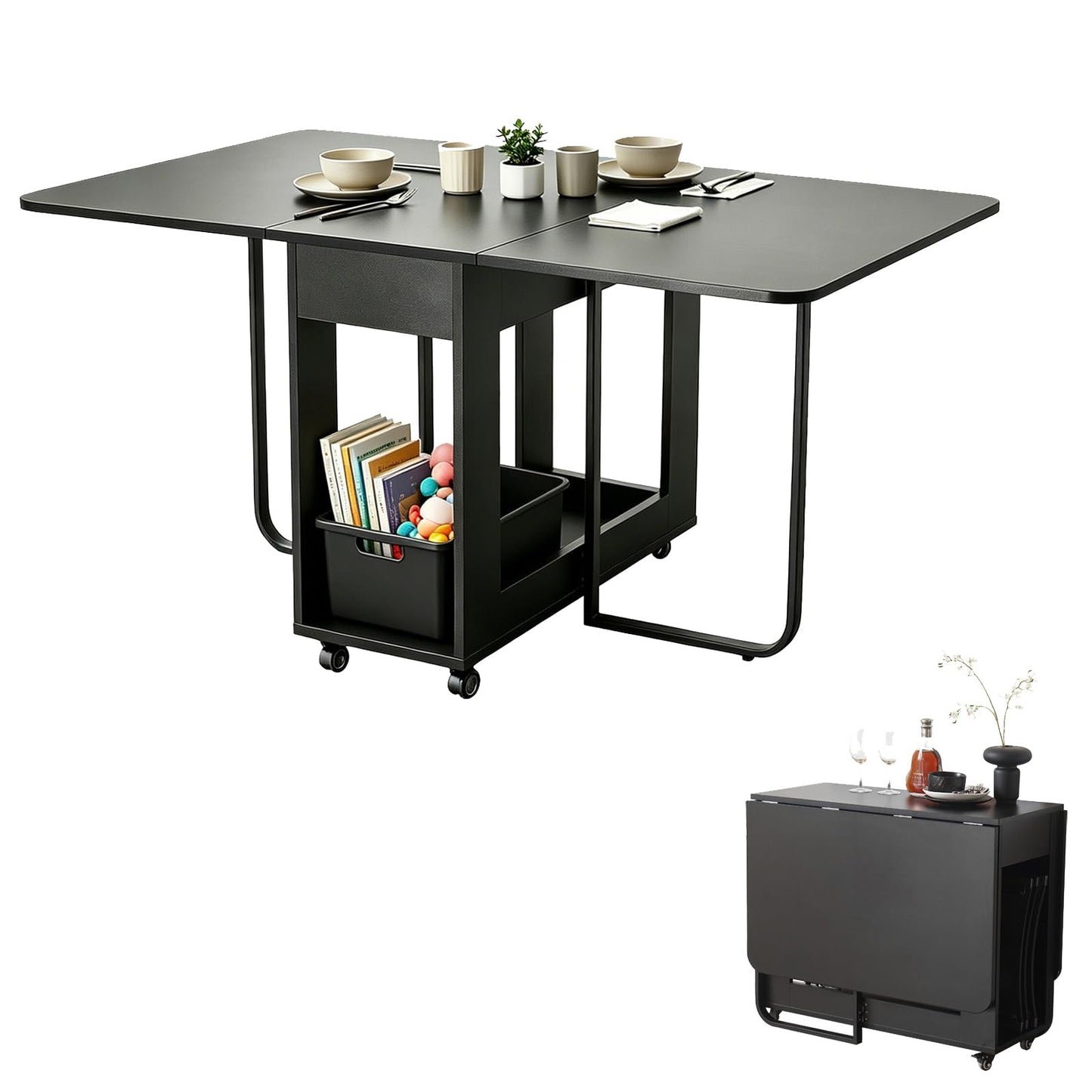 VASTATIO Folding Dining Table with Drawers, Drop Leaf Design & Lockable Wheels - Black