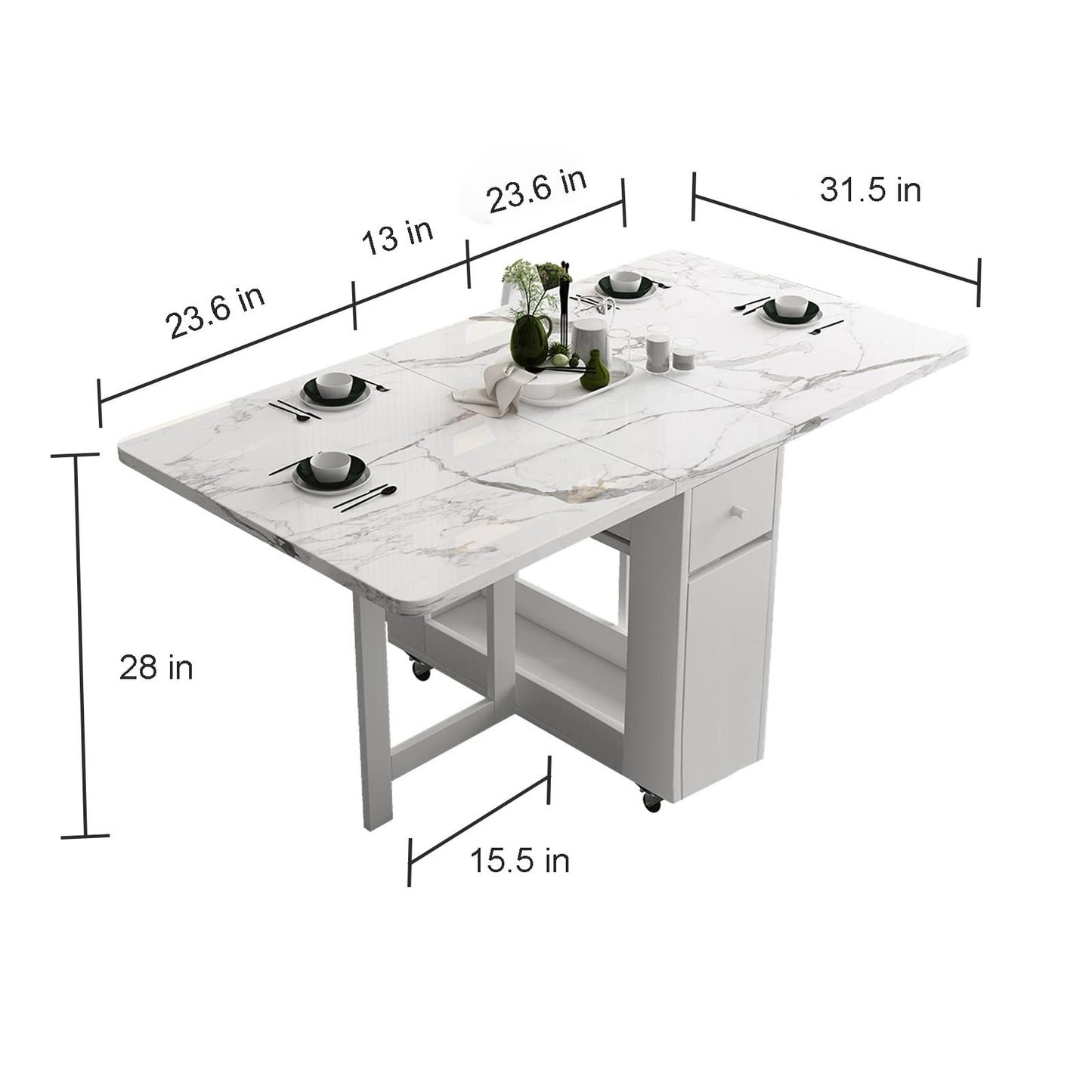 FUNROLUX Folding Dining Table with Storage Drawers & Rack - Extendable White Space-Saving Table