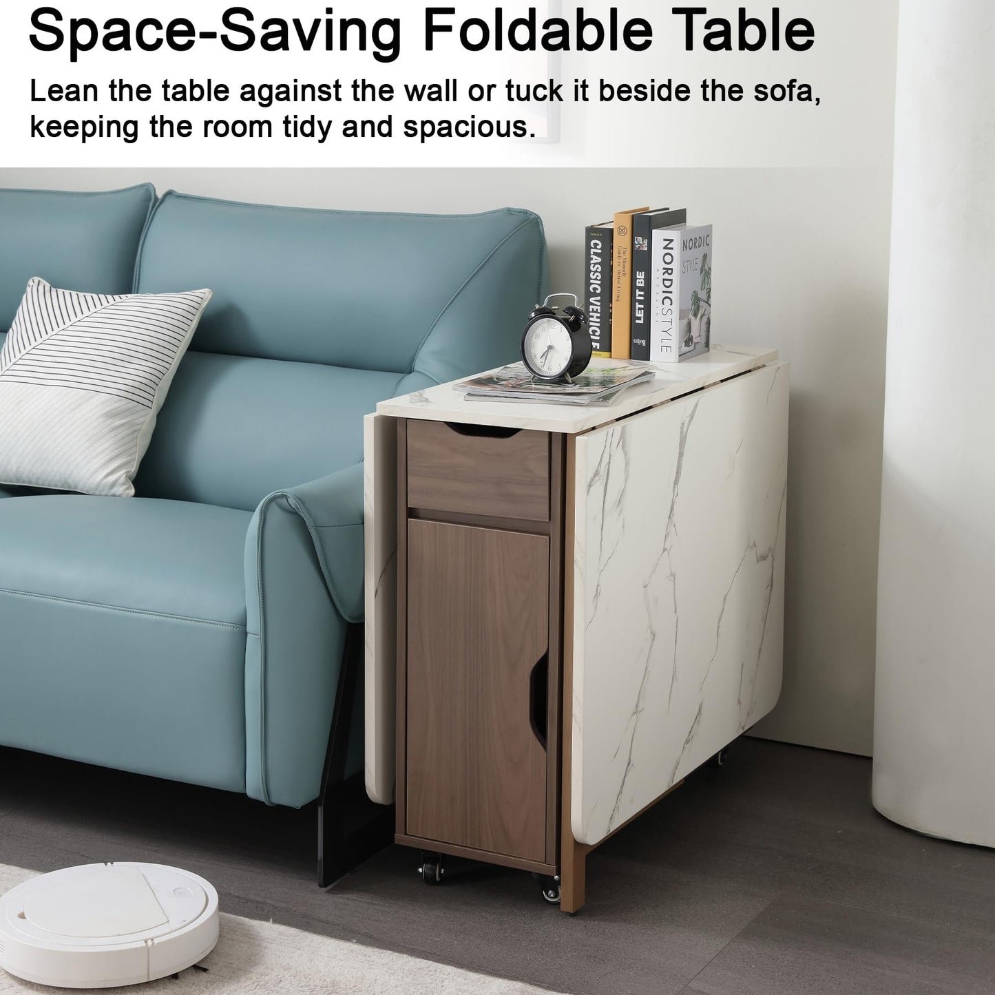 zenHarmet Foldable Extendable Dining Table with Storage & Wheels - Walnut