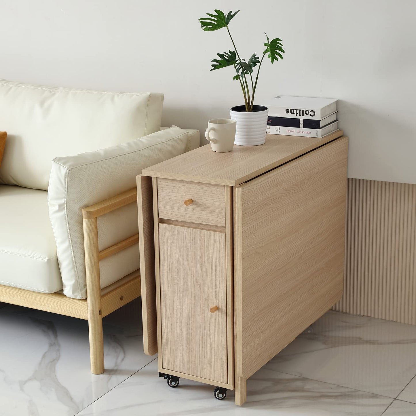 COMUHOME Extendable Folding Dining Table with Drawers & Wheels - Wood Finish Drop Leaf Design
