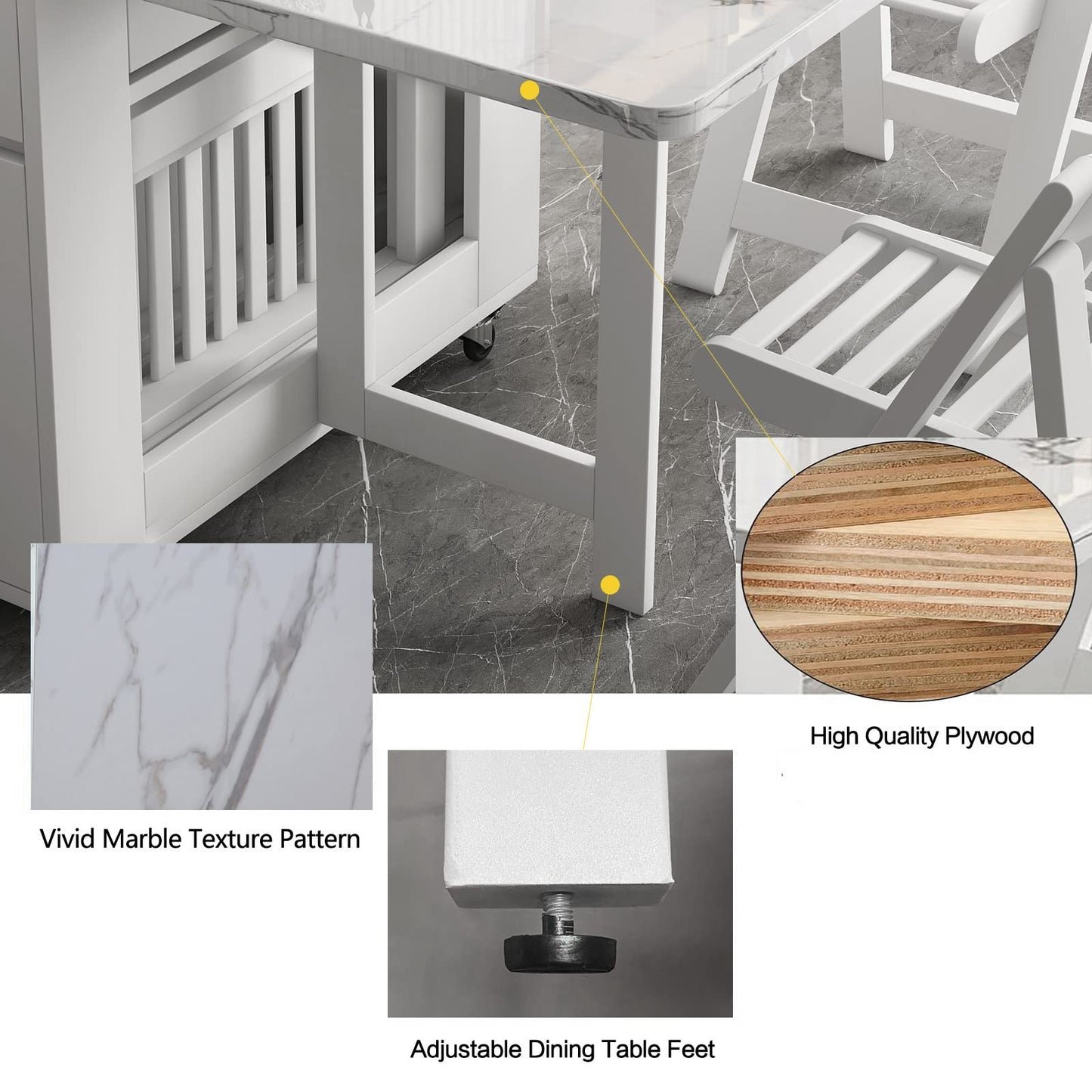 FUNROLUX Folding Dining Table with Storage Drawers & Rack - Extendable White Space-Saving Table