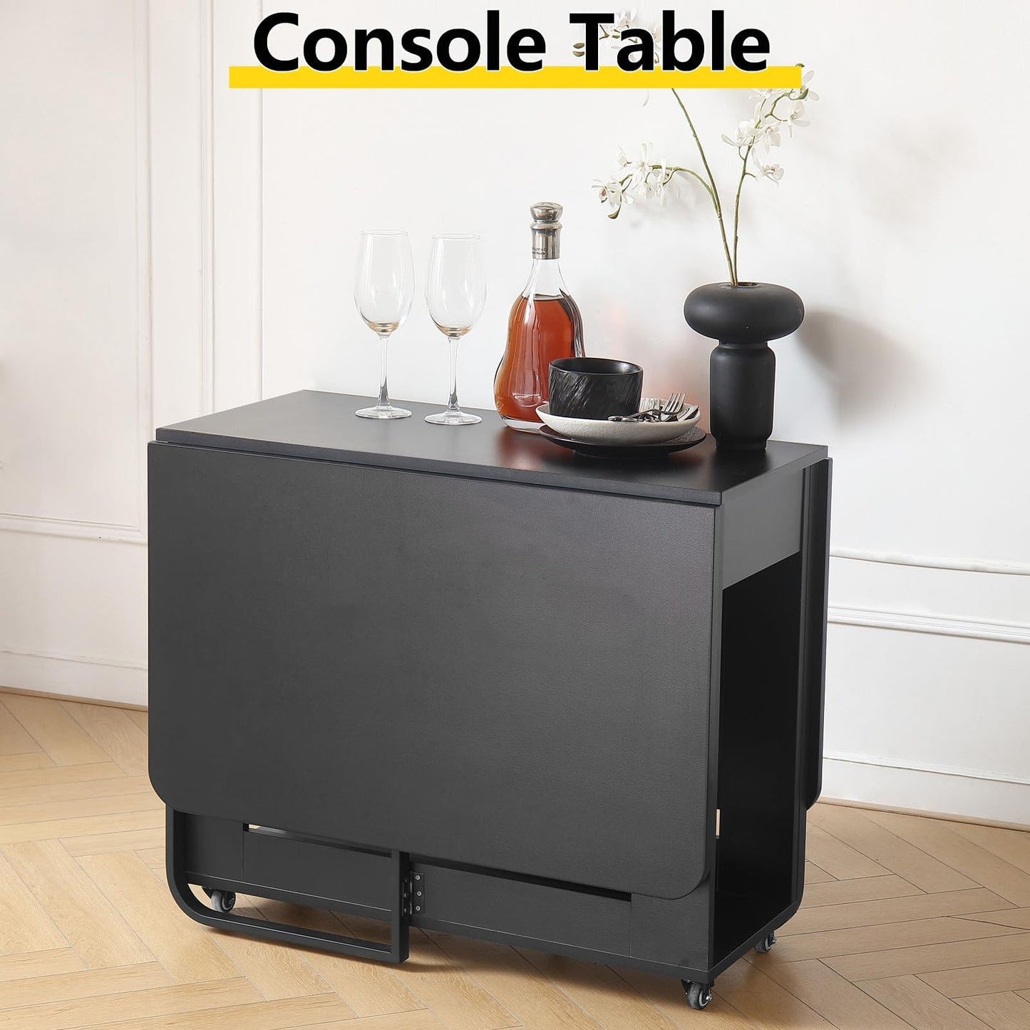 VASTATIO Folding Dining Table with Drawers, Drop Leaf Design & Lockable Wheels - Black