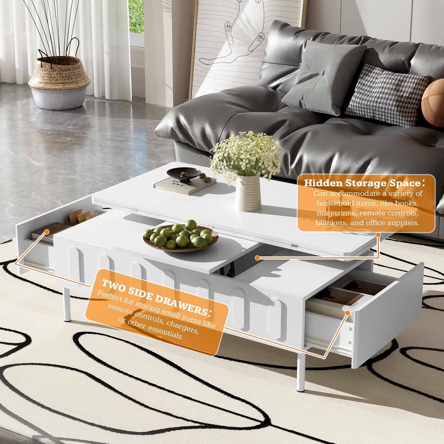 Merax Lift Top Coffee Table with Hidden Storage & Adjustable Foldable Design - White