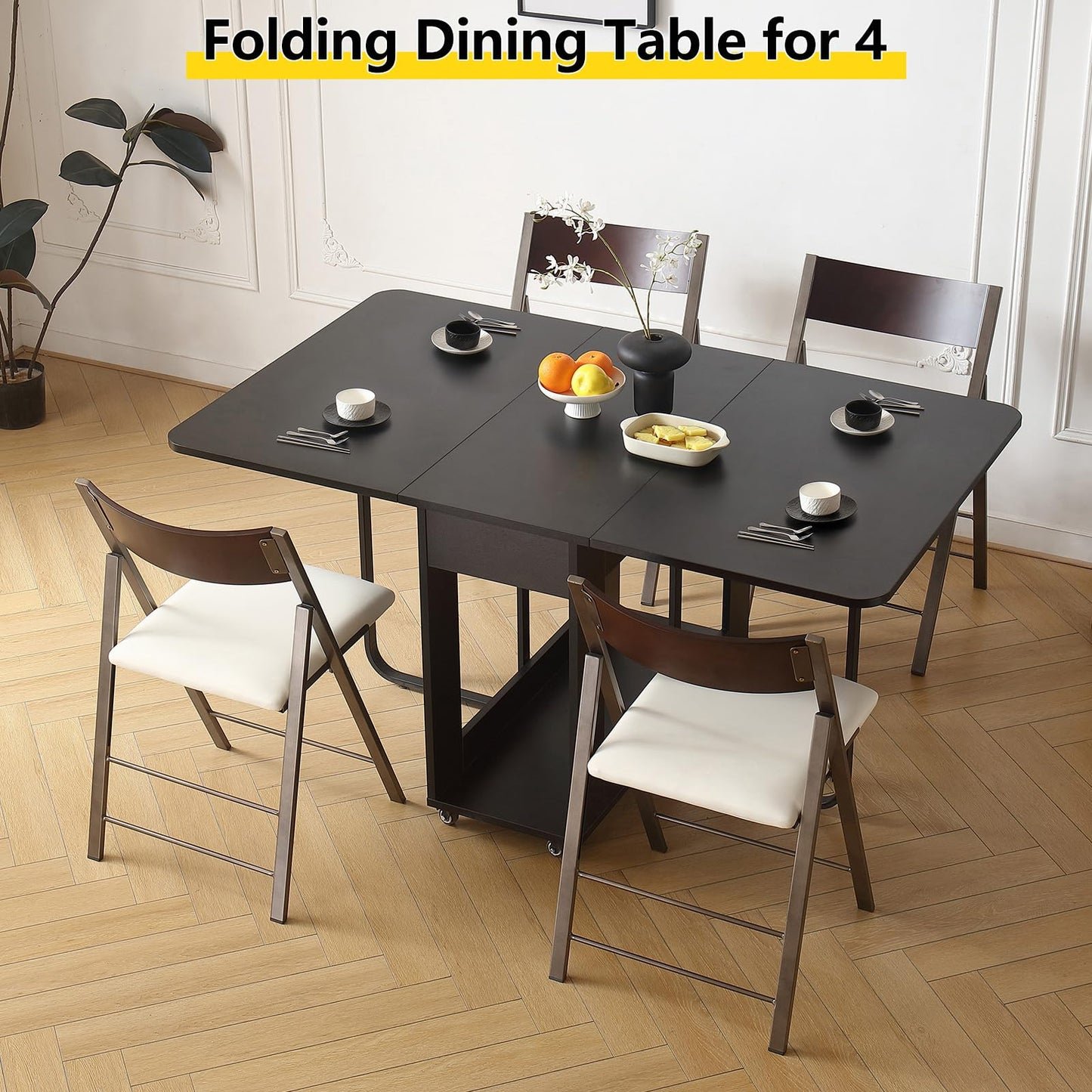 VASTATIO Folding Dining Table with Drawers, Drop Leaf Design & Lockable Wheels - Black