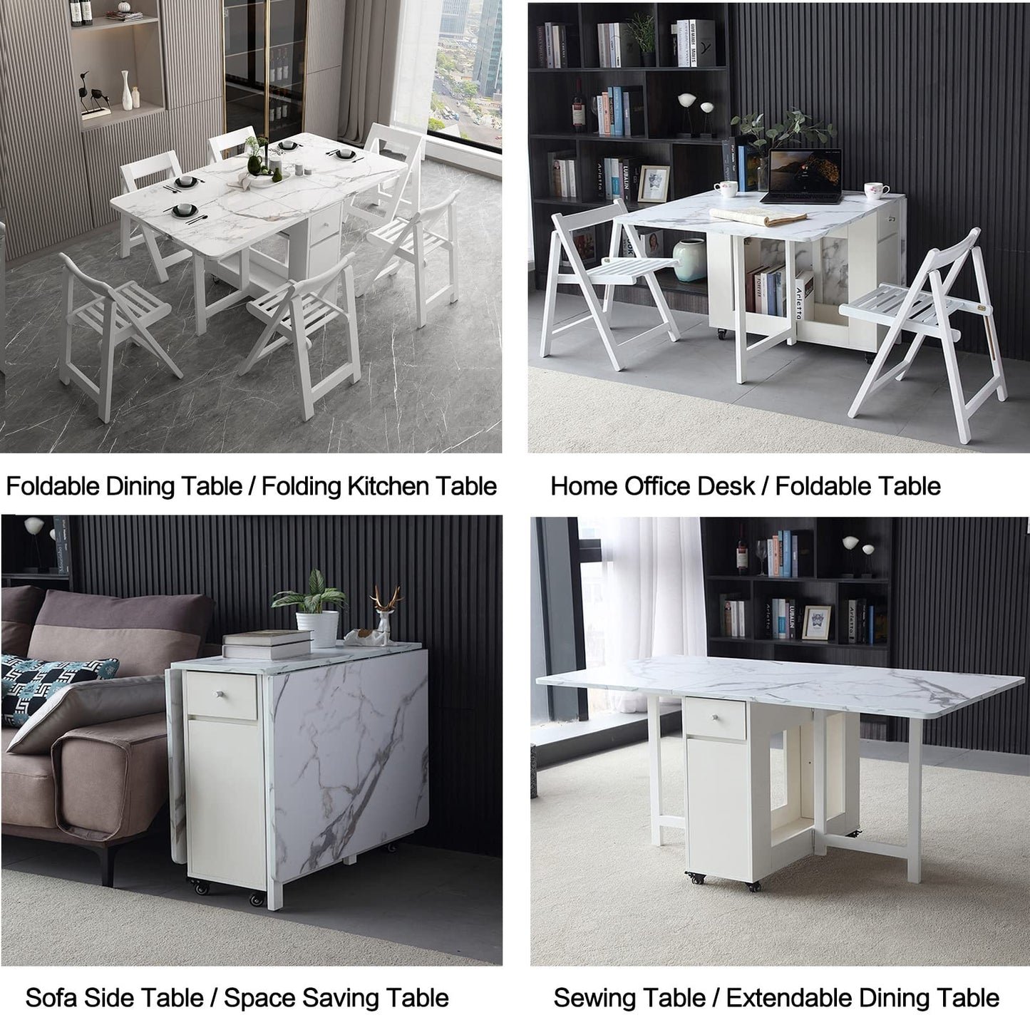 FUNROLUX Folding Dining Table with Storage Drawers & Rack - Extendable White Space-Saving Table