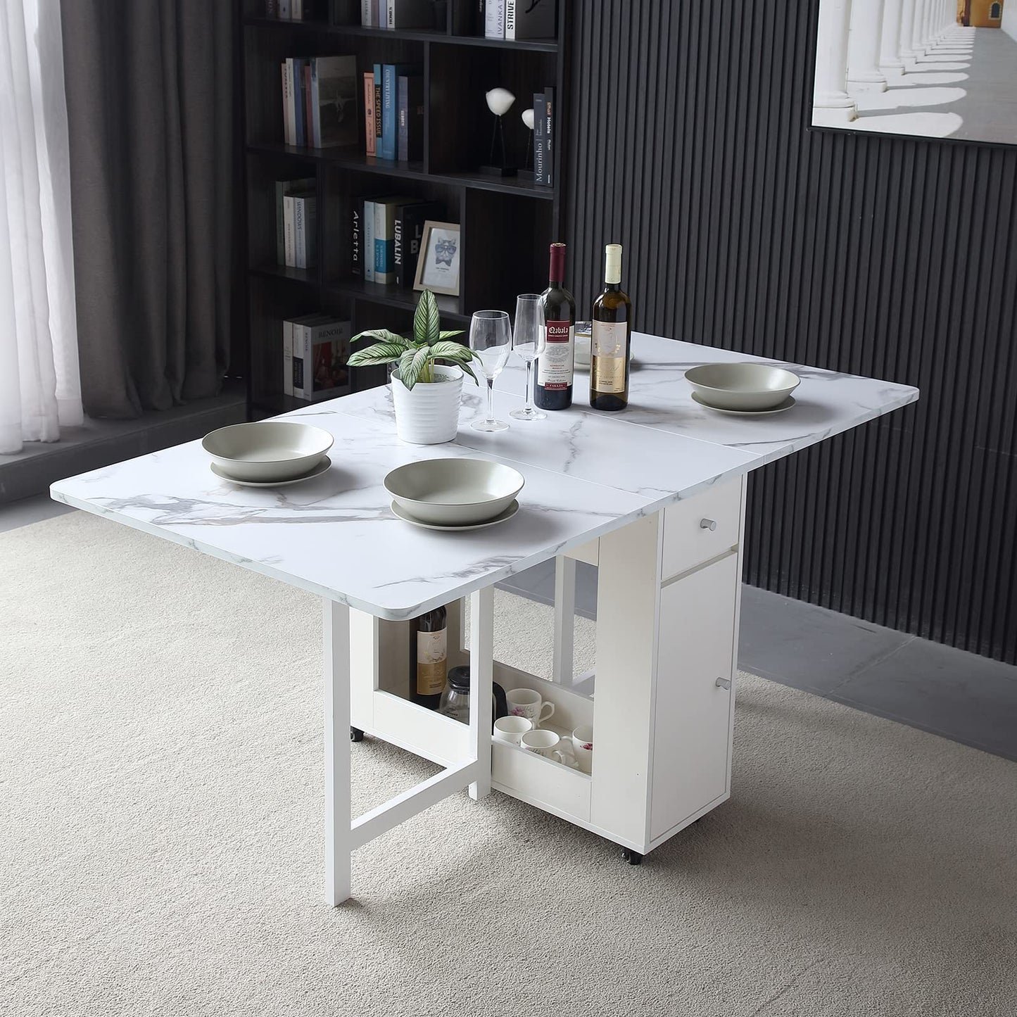 FUNROLUX Folding Dining Table with Storage Drawers & Rack - Extendable White Space-Saving Table