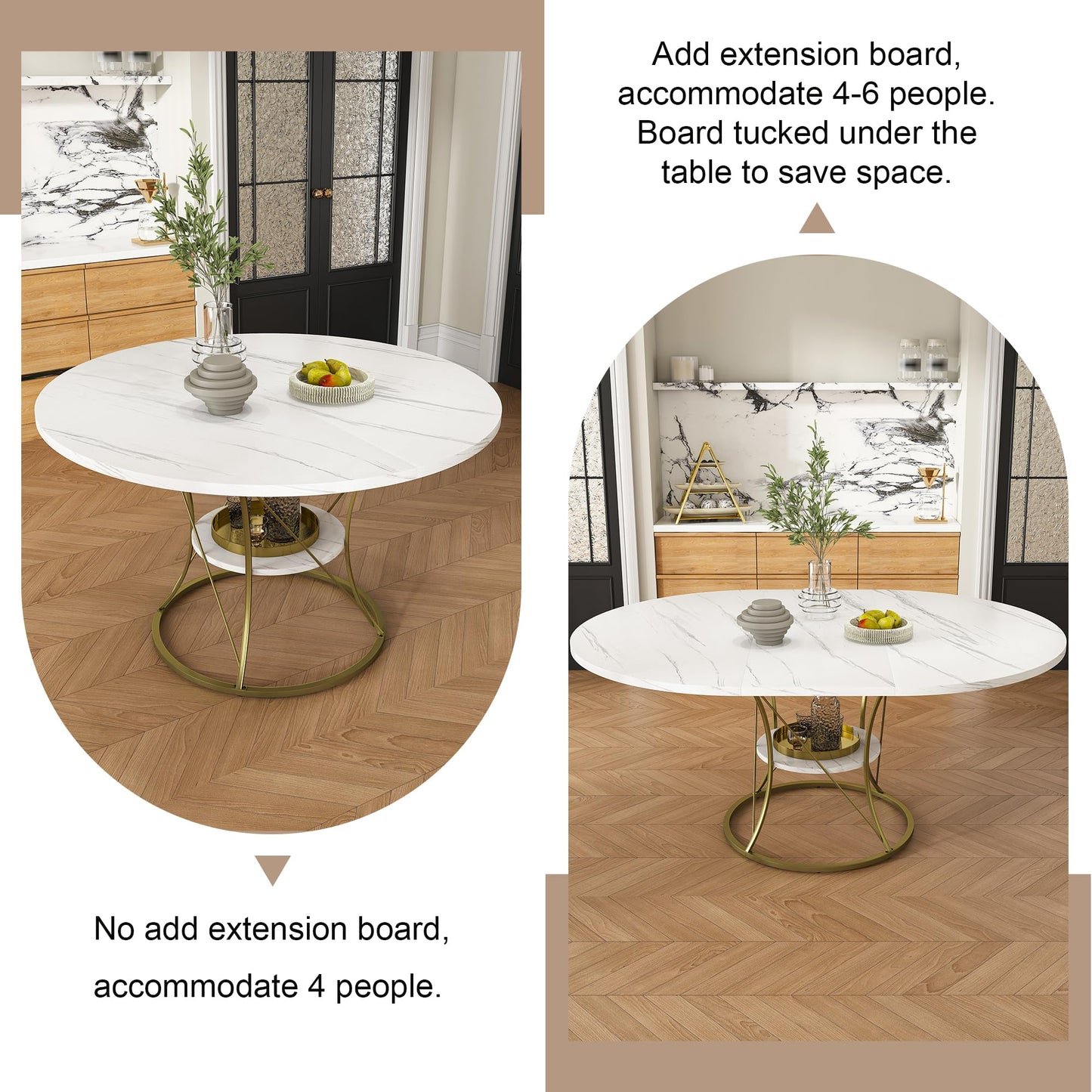 GDFStudio Round Extendable Dining Table 4-6 Seats - White Veneer Top with Gold Metal Base & Storage Shelf