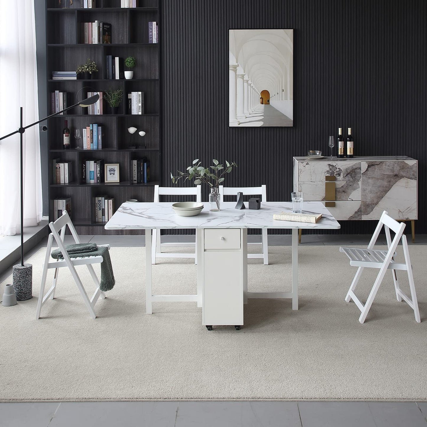 FUNROLUX Folding Dining Table with Storage Drawers & Rack - Extendable White Space-Saving Table