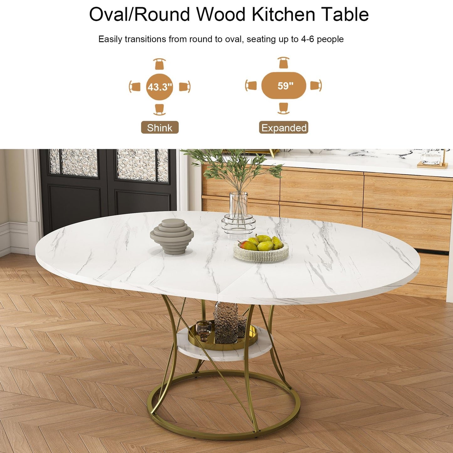 GDFStudio Round Extendable Dining Table 4-6 Seats - White Veneer Top with Gold Metal Base & Storage Shelf