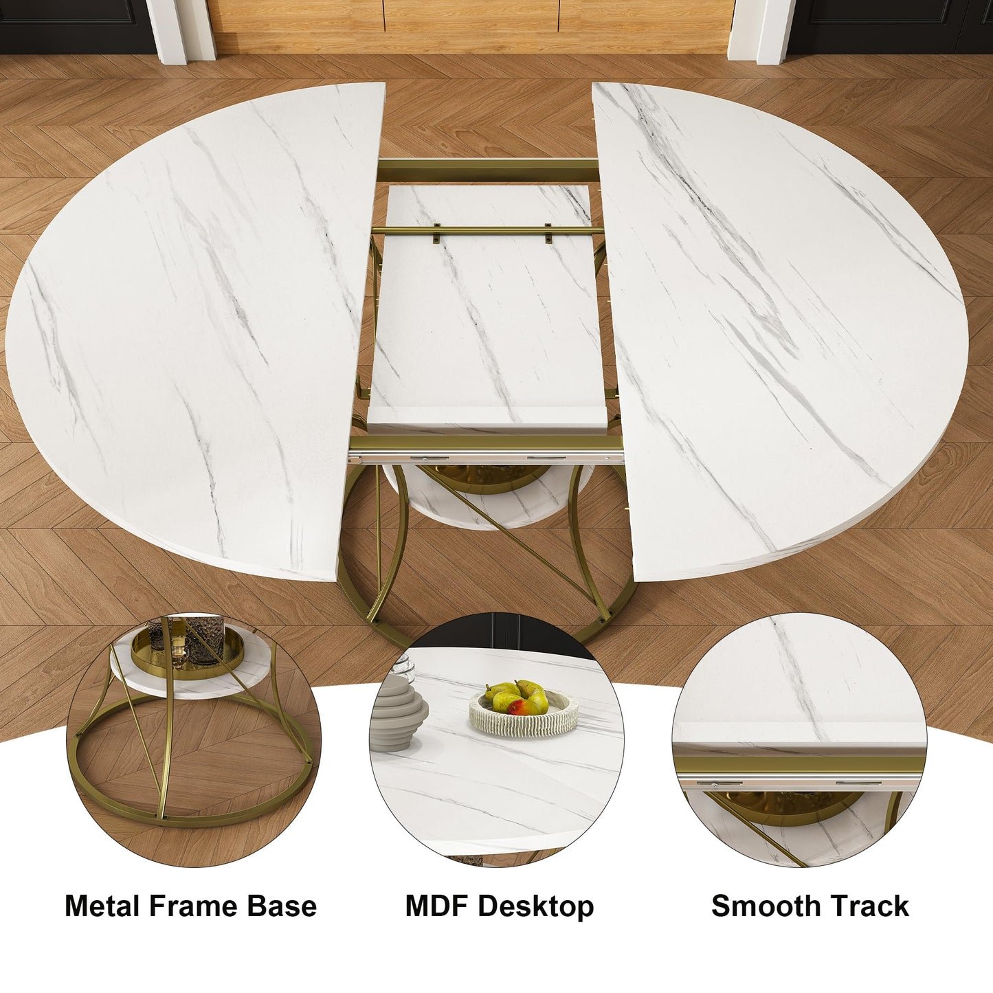 GDFStudio Round Extendable Dining Table 4-6 Seats - White Veneer Top with Gold Metal Base & Storage Shelf