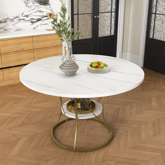 GDFStudio Round Extendable Dining Table 4-6 Seats - White Veneer Top with Gold Metal Base & Storage Shelf