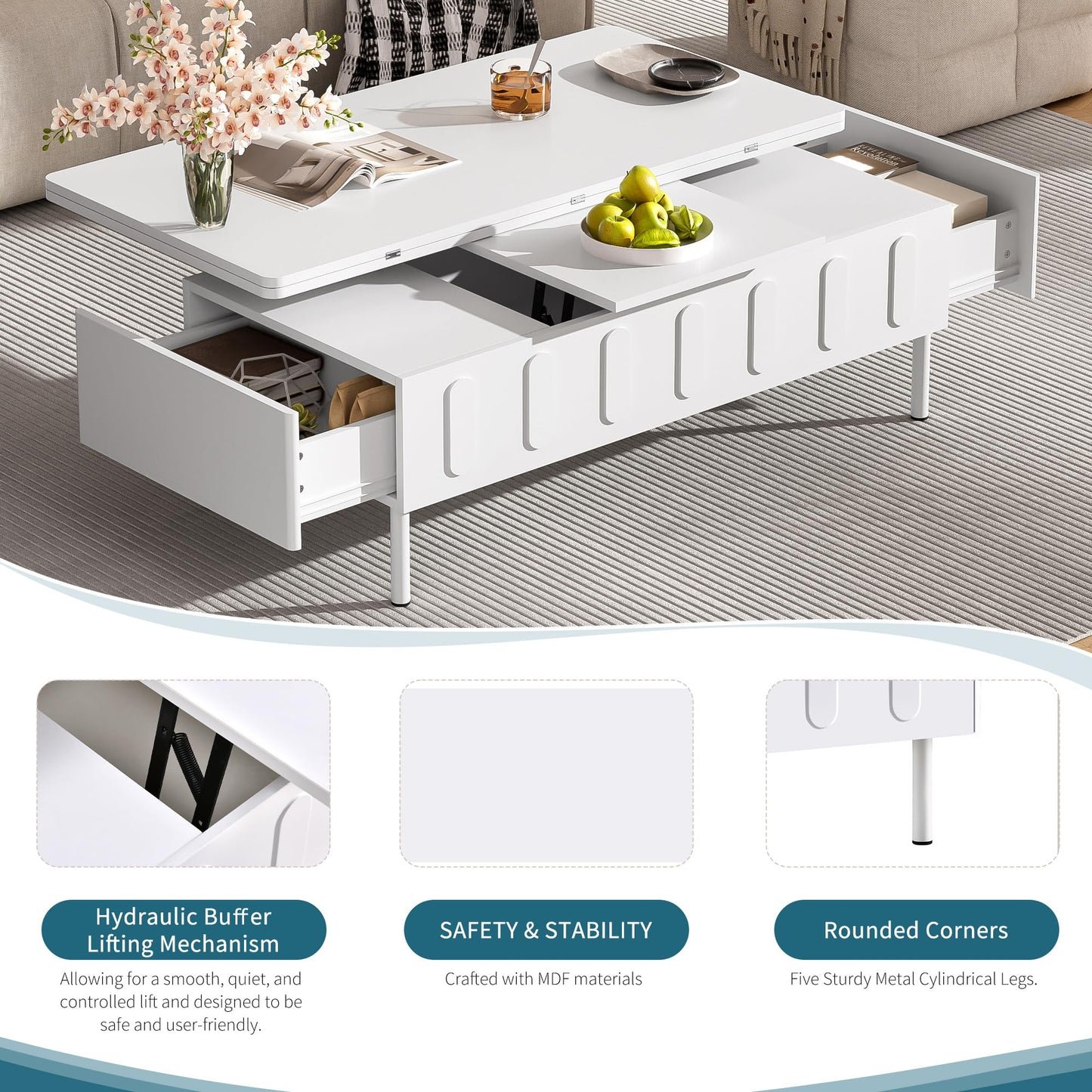 Merax Lift Top Coffee Table with Hidden Storage & Adjustable Foldable Design - White