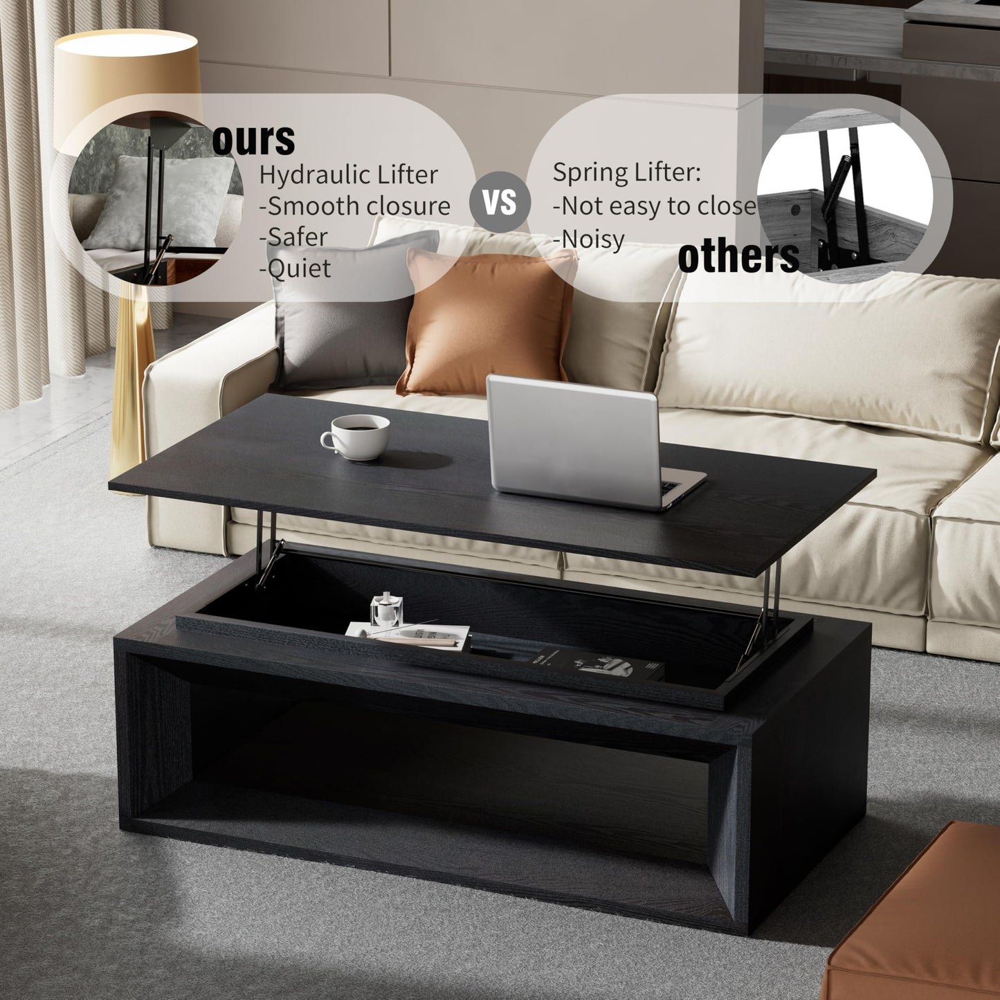 KEIKI Lift Top Coffee Table with Hydraulic Storage & Convertible Desk - Black