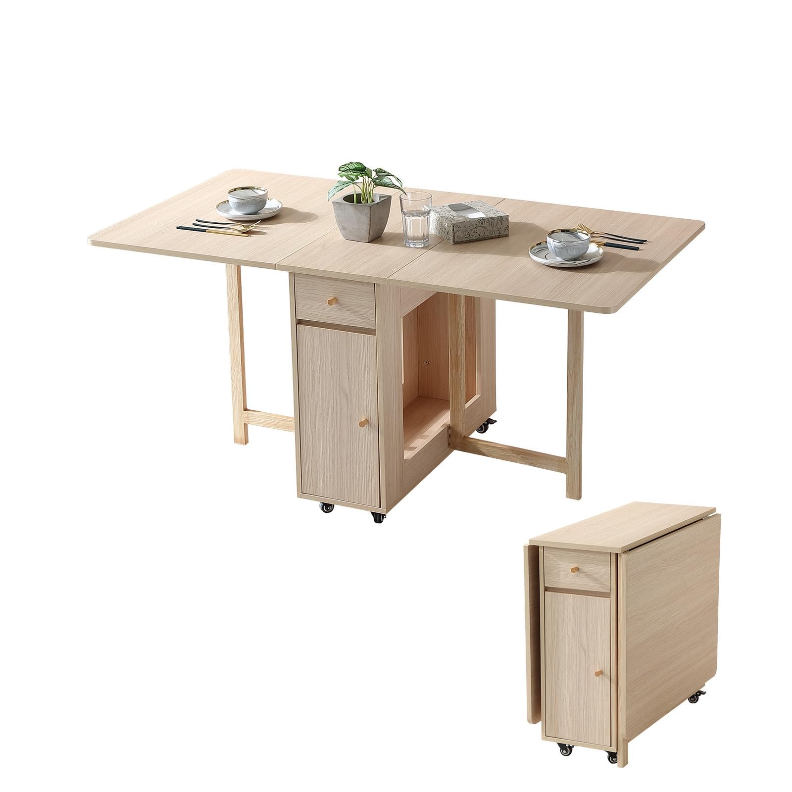 COMUHOME Extendable Folding Dining Table with Drawers & Wheels - Wood Color