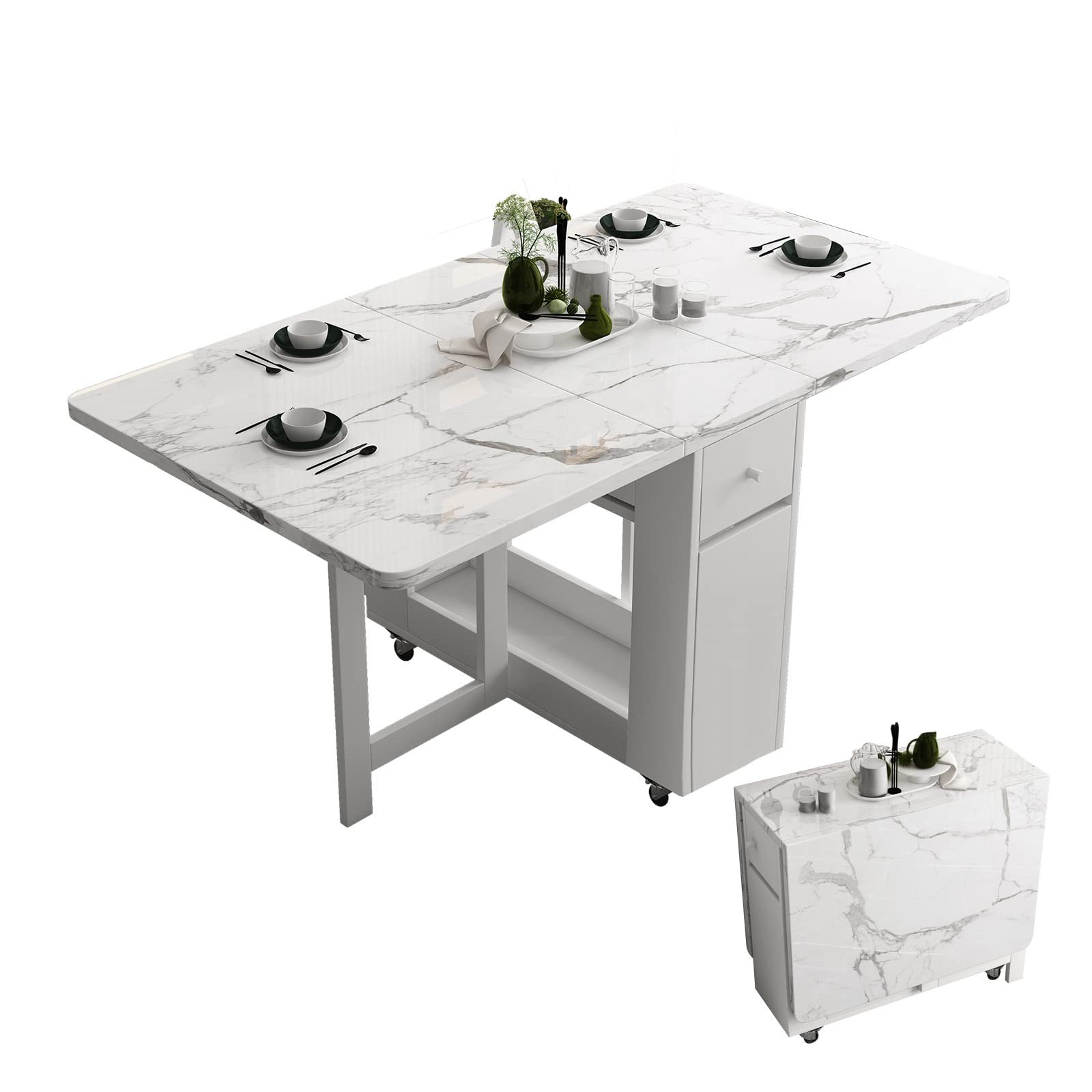 FUNROLUX Folding Dining Table with Storage Rack & Drawers - White